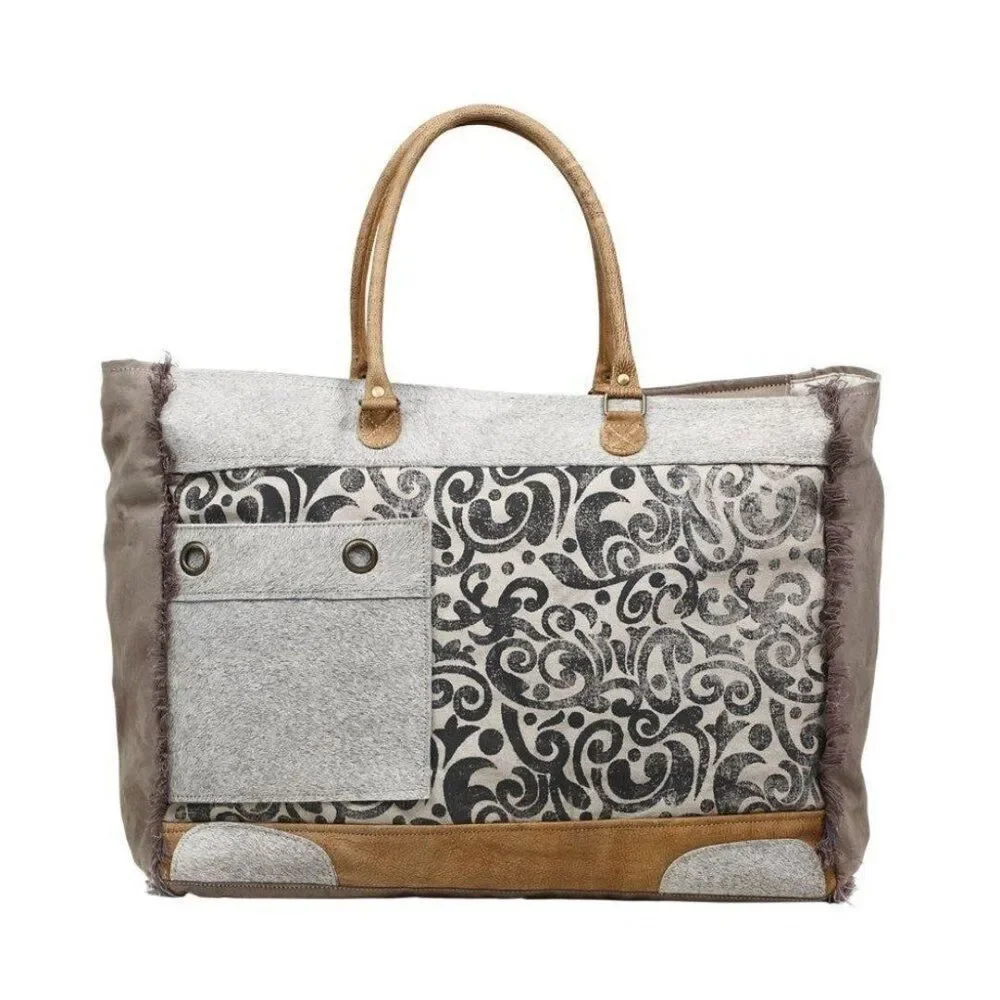 Myra Bag Handmade Hide Weekender Bag Upcycled Canvas & Cowhide Leather